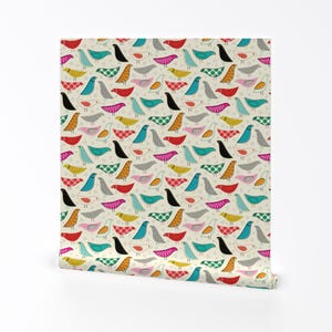Bird Wallpaper - A Nod To The House Bird By Katerhees - Cream Pink Blue Custom Printed Removable Self Adhesive Wallpaper Roll by Spoonflower