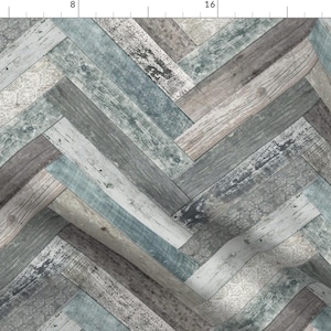 May include: A seamless pattern of weathered wood planks in shades of gray, blue, and white arranged in a herringbone pattern.