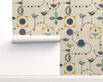 Mid Century Wallpaper - Birdland Geometric Larger By Vo Aka Virginiao - Custom Printed Removable Self Adhesive Wallpaper Roll by Spoonflower