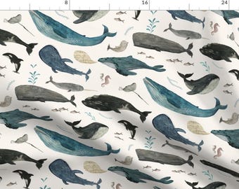 Whales Fabric - Whale Song By Katherine Quinn - Whales Ocean Beige Blue Watercolor Nautical Seas Cotton Fabric By The Yard With Spoonflower