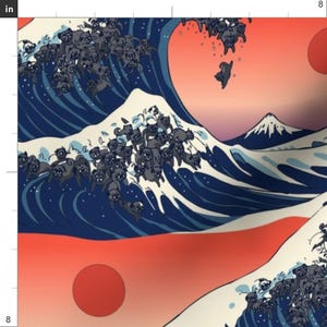 Pug Ocean Waves Illustration Fabric the Great Wave of Black Pug by ...