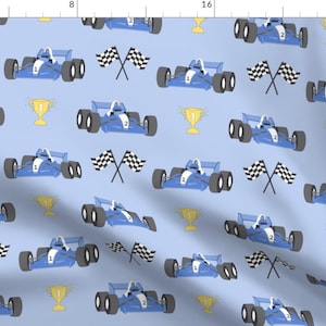 Rennstoff - Rennautos mit Trophäe von vivdesign - Blauer Jungen Kinder Trophäengewinner Sport Rennautos Spielzeug Stoff Massenware von Spoonflower