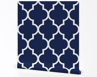 Blue Wallpaper - Classic Navy/White Quatrefoil by Willow Lane Textiles - Spoonflower Custom Printed Removable Self Adhesive Wallpaper Roll