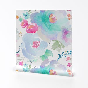 Watercolor Floral Wallpaper - Floral Blues B by Indy Bloom Design - Custom Printed Removable Self Adhesive Wallpaper Roll by Spoonflower