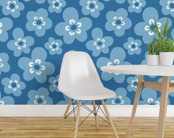 Papel pintado vintage autoadhesivo - Floral Retro Moderno Groovy 60s Boho - Decoración de pared removible - Flores escandinavas azules de krisztinajung
