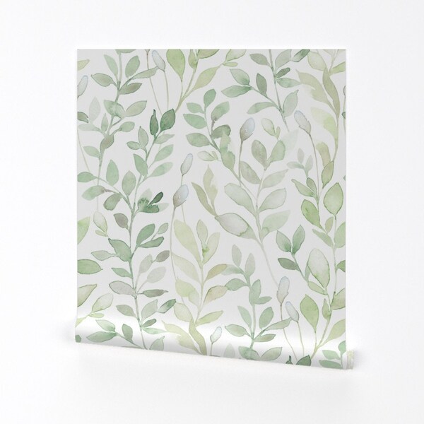 Papier peint Soft Leaves - Midsummer par Lolahstudio - vignes, plantes vert clair, rouleau de papier peint auto-adhésif amovible par Spoonflower