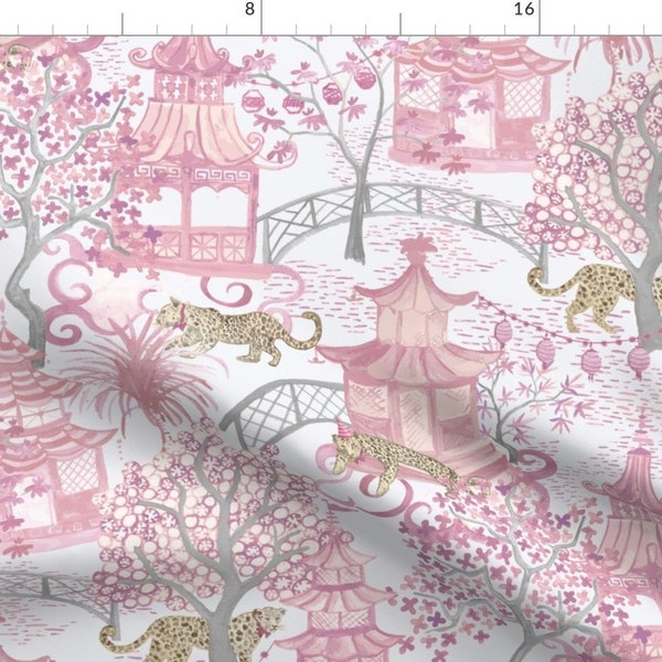 Pink Chinoiserie Fabric - Bowtie Leopard by danika_herrick - Whimsical Pagoda Feminine Traditional Fabric by the Yard by Spoonflower