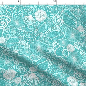Nautical Seashell Fabric - Seashells Line Art By Oksancia - Modern Blue Nautical Beach Cotton Fabric By The Yard With Spoonflower