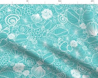Nautical Seashell Fabric - Seashells Line Art By Oksancia - Modern Blue Nautical Beach Cotton Fabric By The Yard With Spoonflower