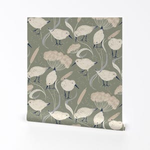 Sandpiper Removable Peel and Stick Wallpaper - Lakeside Coastal Birds Cow Parsley Cattail - Wall Art Wall Decor - Coastal Green by hupu