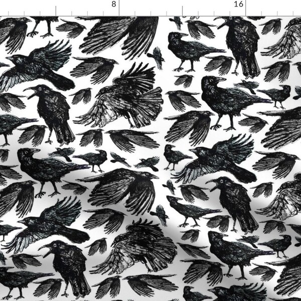 Crow Fabric - A Murder Of Crows By Studiodownhill - Black White Bird Halloween Raven Haunted Cotton Fabric By The Yard With Spoonflower