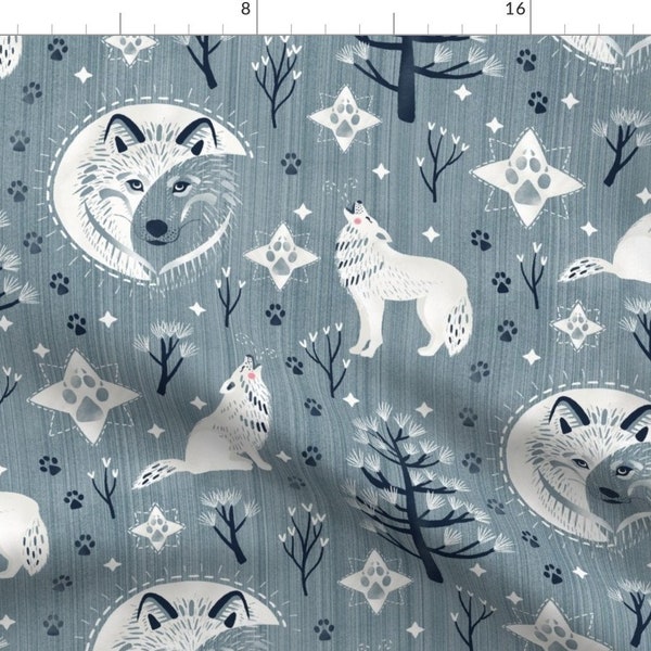 Wolf Moon Fabric - Howling Wolf And Moon By Marketa Stengl - Blue Gray White Crescent Moon Stars Cotton Fabric By The Yard With Spoonflower