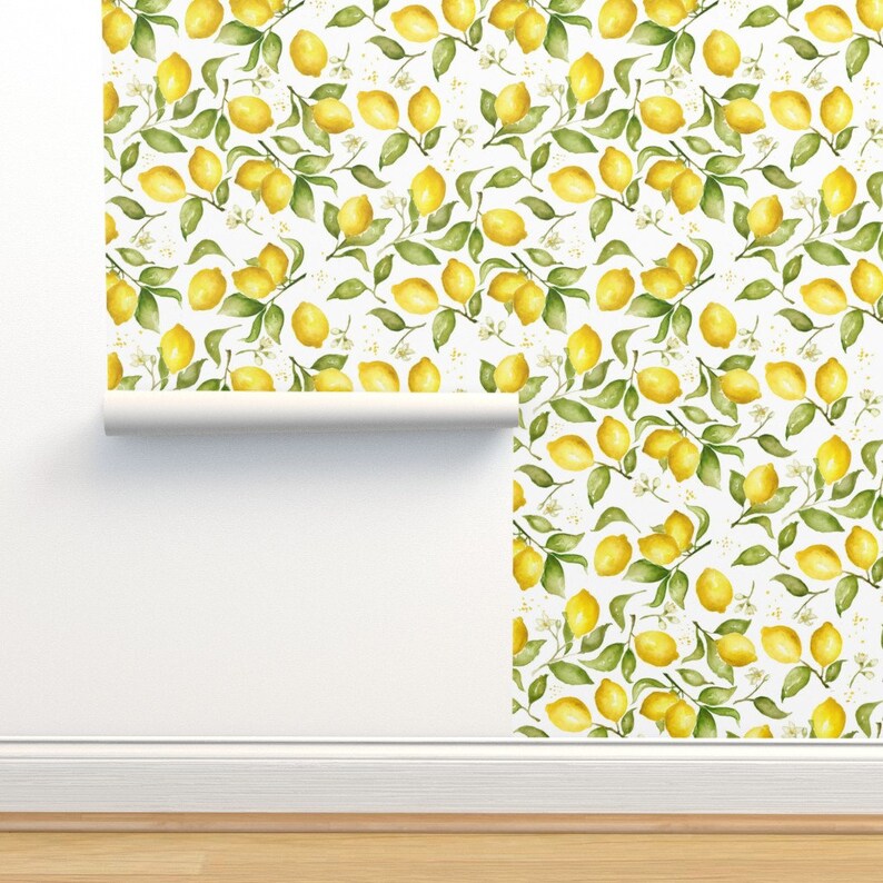 Lemon Wallpaper Lemon Blossoms By Laurapol Watercolor Fruit Citrus Custom Printed Removable Self Adhesive Wallpaper Roll by Spoonflower image 4