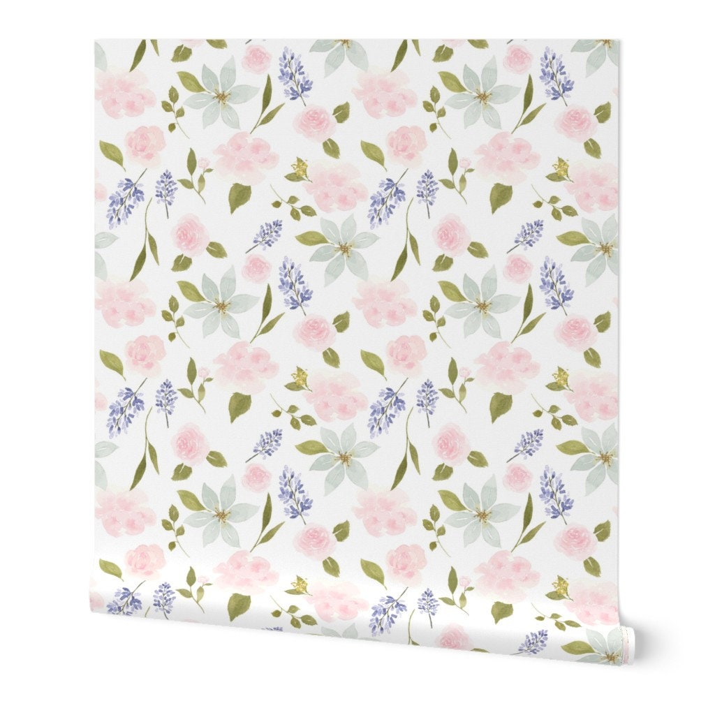 Floral Wallpaper Lavender and Roses by Mintpeony Pink | Etsy