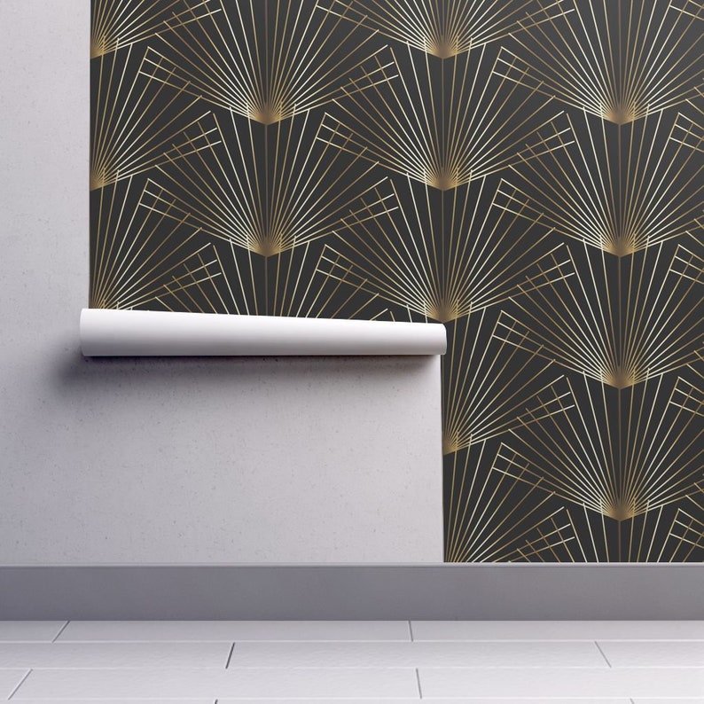 Gold Wallpaper Gold Palmettos On Black By Jenlats Art Deco Tropic Custom Printed Removable Self Adhesive Wallpaper Roll by Spoonflower