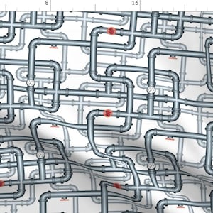 May include: A seamless pattern featuring a repeating design of grey pipes and red valves. The pipes are arranged in a complex network, creating a visually interesting and intricate design.