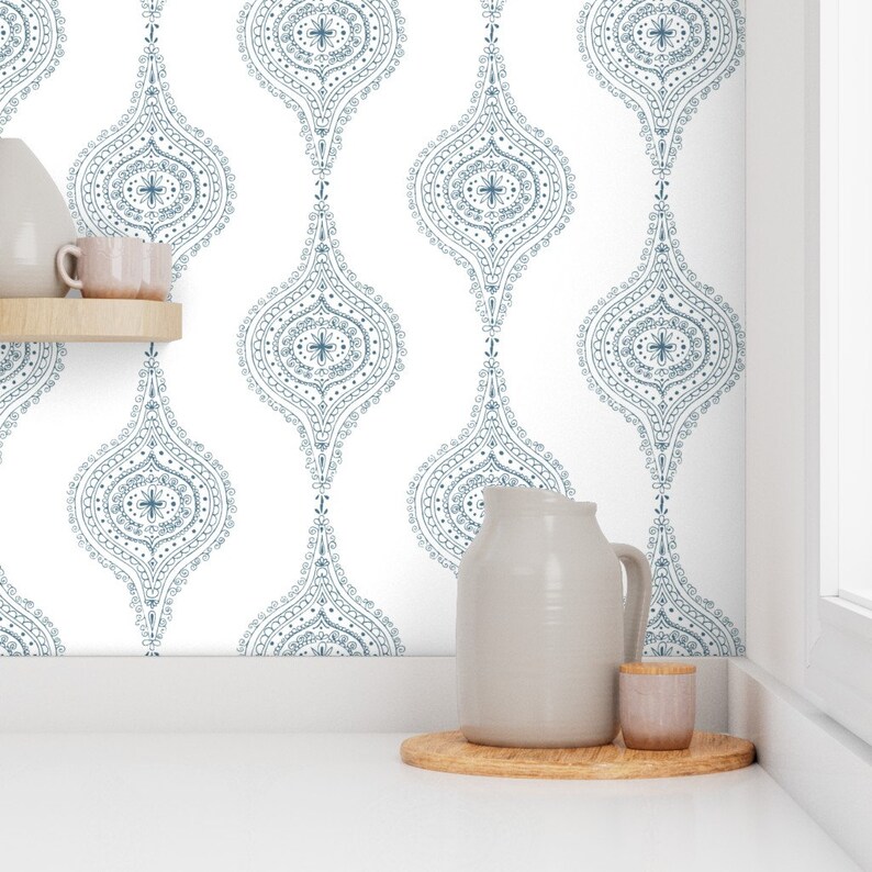Ogee Wallpaper Moroccan Blue on White by Hazelrose Modern Etsy