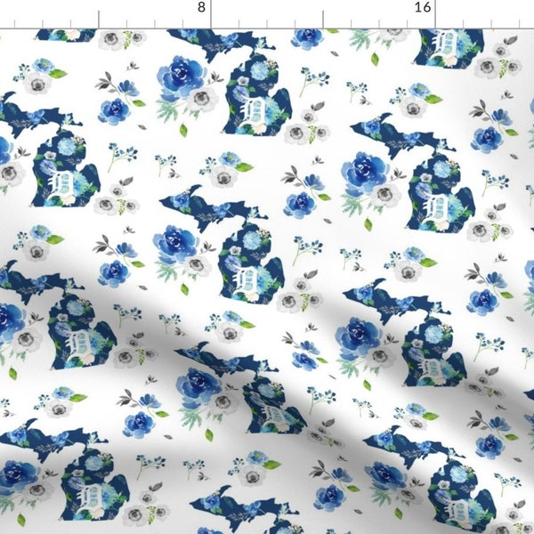 Michigan Fabric - Detroit Pride By Shopcabin - Blue Floral Detroit Michigan USA White States Cotton Fabric By The Yard With Spoonflower