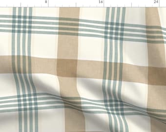 Preppy Apparel Fabric - Meadow Plaid Khaki by littlearrowdecor - Traditional Classic Plaid Cabincore Blue Clothing Fabric by Spoonflower
