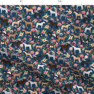 Horse Fabric - Horse Floral By Petfriendly - Blue Pink Ranch Farm Country Farmhouse Shabby Chic Cotton Fabric By The Yard With Spoonflower