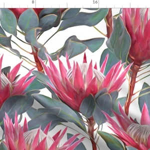 African Floral Fabric - Painted King Proteas By Micklyn - Pink Magenta Gray White Flowers Ethnic Cotton Fabric By The Yard With Spoonflower