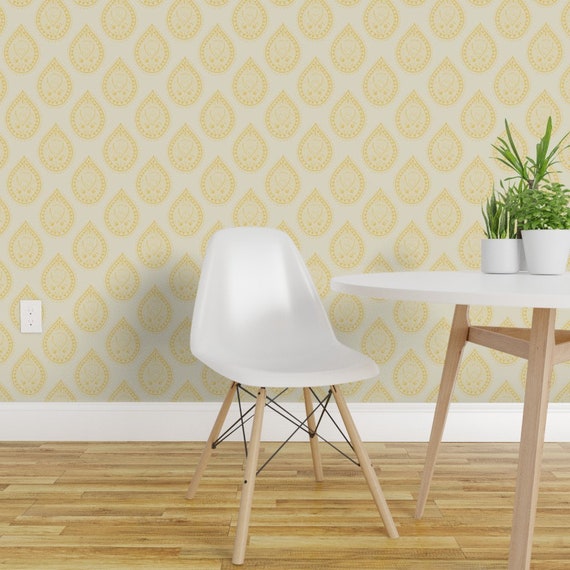 Paisley Wallpaper Mumbai In Marigold By Domesticate Home Decor Yellow Custom Printed Removable Self Adhesive Wallpaper Roll By Spoonflower