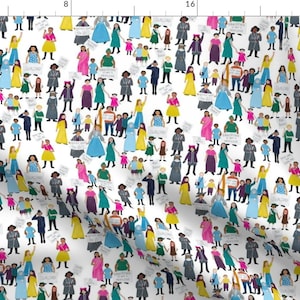 May include: A white background with a repeating pattern of colorful people holding signs. The people are all different ages, races, and genders. They are wearing a variety of clothing, including dresses, shirts, pants, and hats. The signs they are holding have different messages on them, but they all seem to be related to social justice and equality.