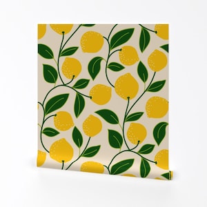 Botanical Fruit Removable Peel and Stick Wallpaper - Citrus Lemon Vine  - Wall Art Wall Decor - Large Lemons On Vines by sarah_melendez_art