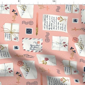 Letters Fabric - Snail Mail Treasures By Marketa Stengl - Pink Writing Handwritten Postage Stamps Cotton Fabric By The Yard With Spoonflower