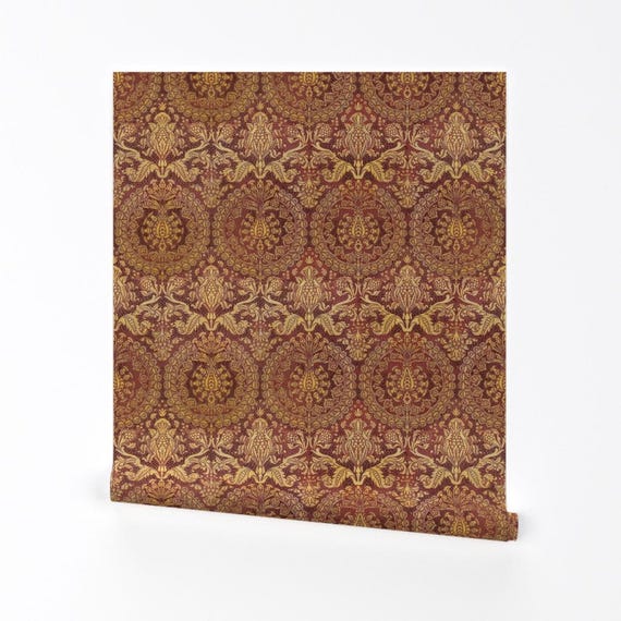 Damask Wallpaper - Catherine Of Aragon By Peacoquettedesigns - Damask Custom Printed Removable Self Adhesive Wallpaper Roll by Spoonflower