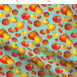 Tomato Fabric - Summer Garden - Heirloom Tomatoes On Blue By Diane555 - Heirloom Tomato Plant Cotton Fabric By The Yard With Spoonflower