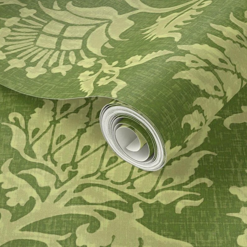 Green Damask Wallpaper - Contessa Vert By Willowlanetextiles - Vintage Custom Printed Removable Self Adhesive Wallpaper Roll by Spoonflower image 3