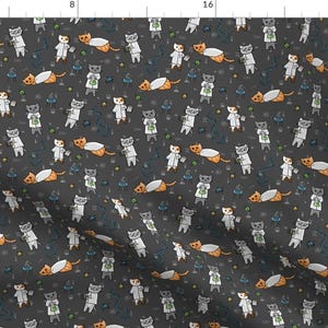 May include: A dark gray fabric with a repeating pattern of white cats wearing lab coats and holding beakers. The cats are surrounded by small white and gray scientific symbols.