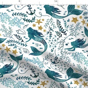 Whimsical Fabric - Mermaid Ocean by adenaj - Under The Sea Mermaid Sea Ocean Mythical Seaweed Anchor Fish Fabric by the Yard by Spoonflower