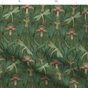 Jugendstil Stoff - Libellen auf Smaragd von taranealart - Deko Smaragdgrün Natur Floral Lilien Stoff Bulk Stock von Spoonflower