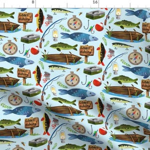 Fishing Ocean Nautical Fabric - Gone Fishing (Pale Blue) Larger Scale By Gingerlous - Fishing Cotton Fabric By The Yard With Spoonflower