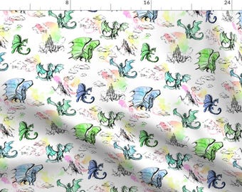 Dragons Fabric - Dragon Pop Mini By Pattern State - Dragons Fantasy Green Blue Pink Teal Children Cotton Fabric By The Yard With Spoonflower