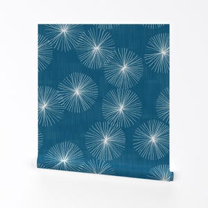 Tessuto Mid Century Mod - Dandelions Indigo di Friztin - Rotolo di carta da parati autoadesiva rimovibile stampata personalizzata turchese di Spoonflower