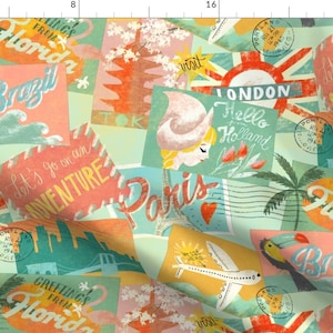 Brazil Adventure Postcard Fabric - Souvenirs Du Monde By Miraparadies - Vintage Tropical Vacation Cotton Fabric By The Yard With Spoonflower