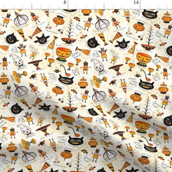 Vintage Halloween Fabric - Halloween Sketch A Collectible By Johannaparkerdesign - Retro Ghost Cotton Fabric By The Yard With Spoonflower