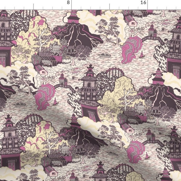 Japanese Purple Pagodas Fabric - Oriental Pagodas By Teja Jamilla - Japanese Traditional Home Dec Cotton Fabric By The Yard With Spoonflower