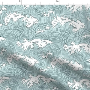 Blue Waves Ocean Nautical Fabric - Japanese Waves By Sveta Aho - Wave Illustration Blue Ocean Cotton Fabric By The Yard With Spoonflower