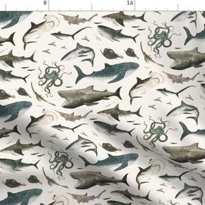 Sharks And Sea Creatures On White Fabric - Shark By Katherine Quinn - Shark Octopus Fish Ocean Cotton Fabric By The Yard With Spoonflower