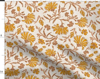 Linen Fabric - Kalami Floral Mustard Light By Holli Zollinger - Linen Texture Mustard Brown Cotton Fabric By The Yard With Spoonflower