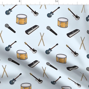 May include: A seamless pattern featuring a variety of musical instruments on a light blue background. The pattern includes electric guitars, drums, microphones, drumsticks, and keyboards.