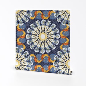 Boho-behang - Boho Rosettes van Eclectic House - blauw geel oranje wit verwijderbare zelfklevende behangrol van Spoonflower