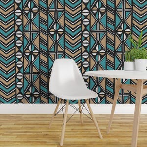 Cowrie Shells Peel and Stick Wallpaper - Mudcloth Teal Geometric - Removable Wall Decor Art - Mudcloth Chevrons by eclectic_house