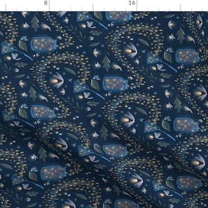 Small Scale Blue Fireflies Fabric - Catching Fireflies Horizontal By Thestorysmith - Blue Yellow Cotton Fabric By The Yard With Spoonflower