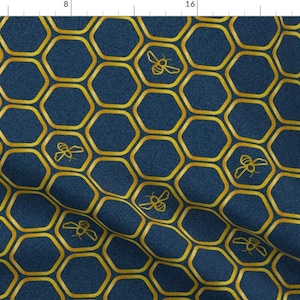 Blue and Yellow Bee Fabric - Bee Denim By Mia Valdez - Modern Geometric Honey Bee Home Decor Cotton Fabric By The Yard With Spoonflower