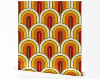 May include: A repeating pattern of overlapping arches in shades of red, orange, yellow, and green. The arches are arranged in a staggered pattern, creating a dynamic and visually appealing design.